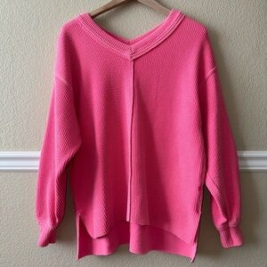 Aerie Textured Oversized V Neck Slouchy Pullover Sweater Hot Pink Size XS